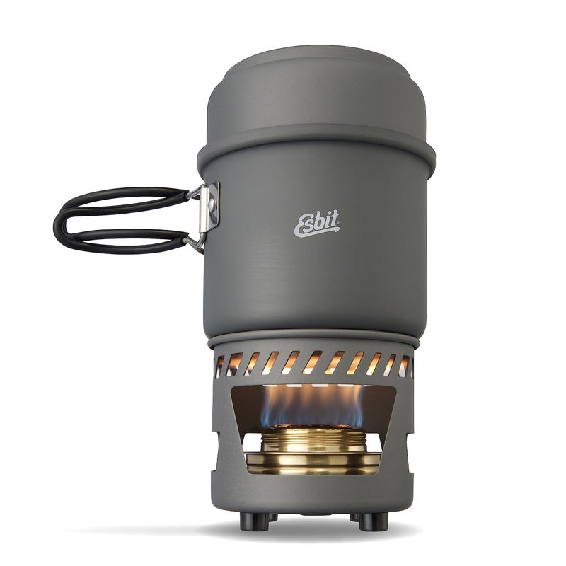 Esbit CS985HA 5-Piece Lightweight Trekking Cook Set with Brass Alcohol Burner Stove and 2 Anodized Aluminum Pots, Grey, 985ml - Image 1
